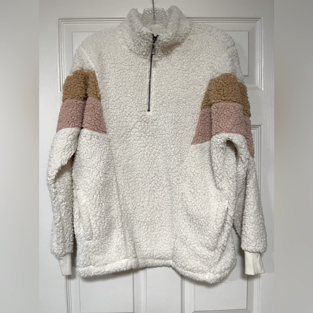 Maurice’s Sherpa Zipper Sweatshirt Cream/Peach/Brown Size Small - Picture 2 of 6